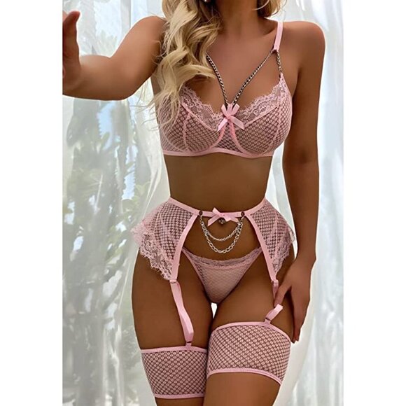 SEXY Eyelash Fishnet Lingerie Chain Babydoll Underwire Bra Panty Set Garter Belt - Picture 5 of 7